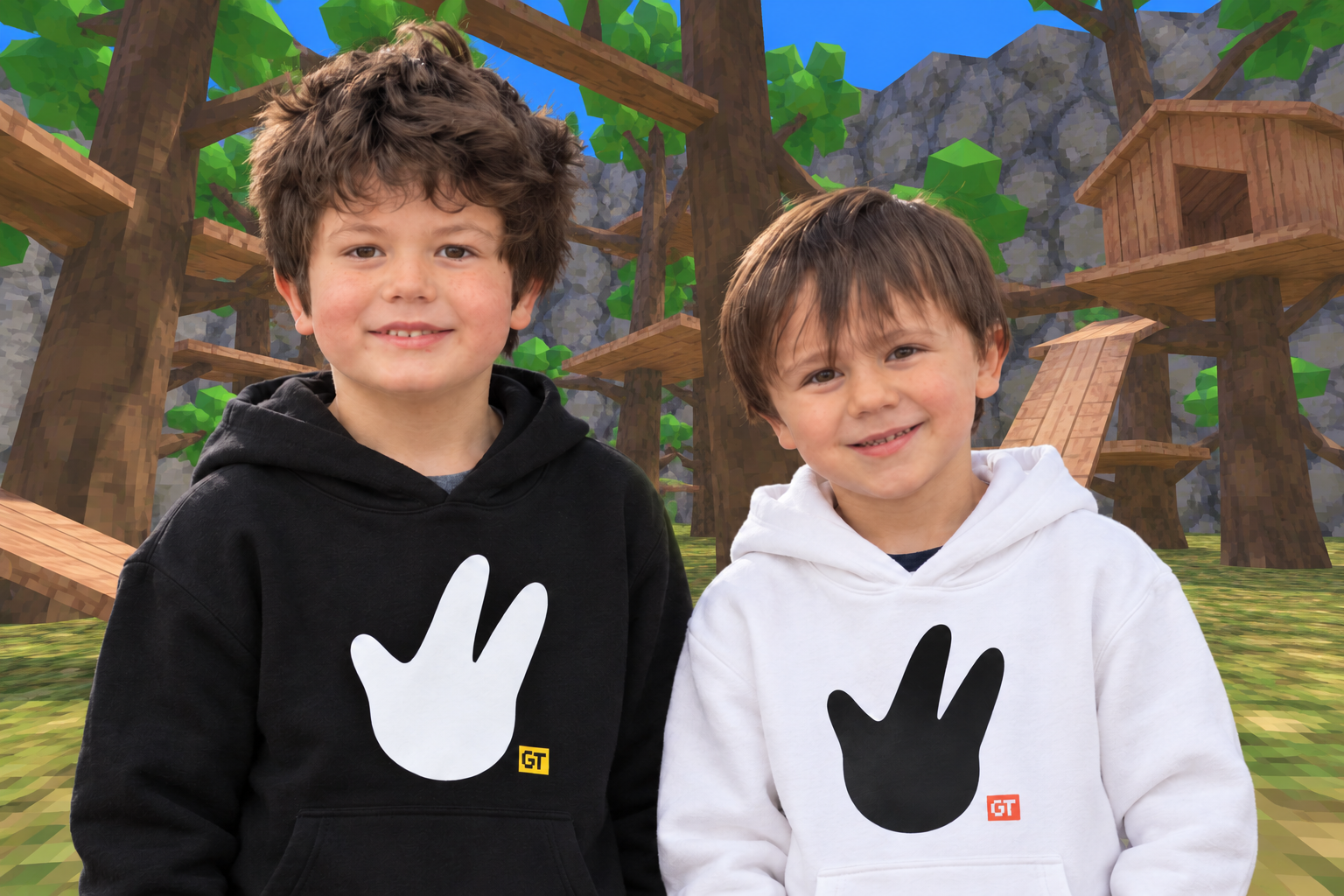 Portrait of Harper on the left in a black Gorilla Tag hoodie and Harrison on the right in a white Gorilla Tag hoodie